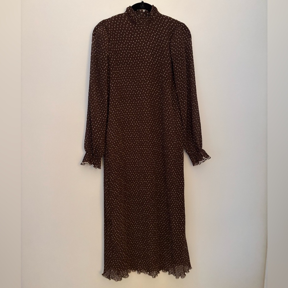 Ganni Brown Heart Print Long Sleeve Midi Dress